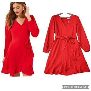 NEW LOFT Feminine Red Wrap Dress Long Sleeve Ruffle Hem Tie Waist V Neck Size 6
